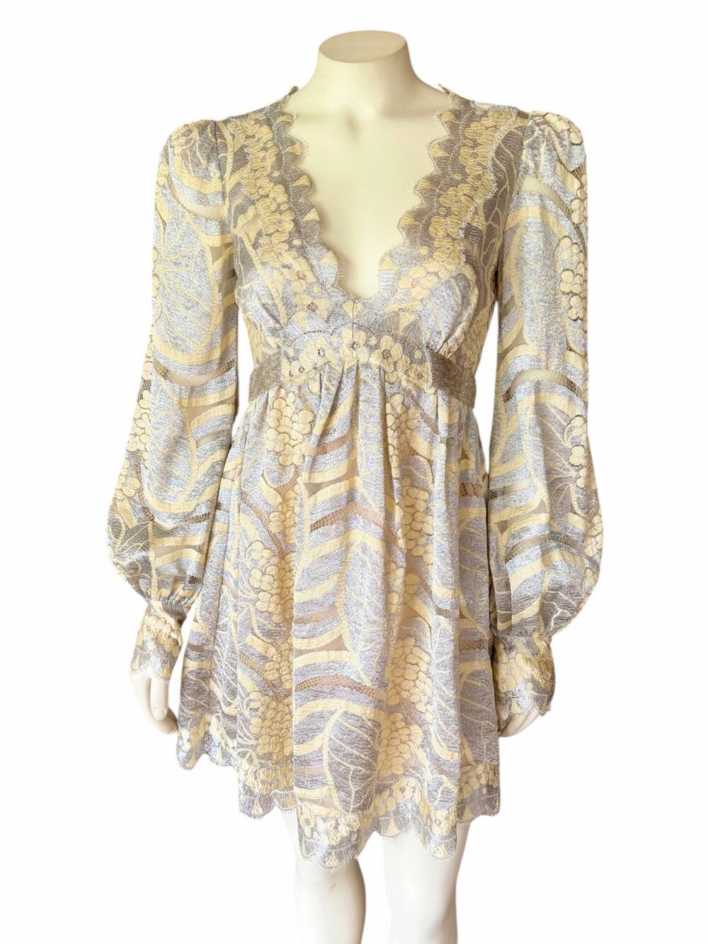 Marc Jacobs Babydoll Mini Dress Sz 4 Silver Yellow Beaded Lace Puff Sleeve Boho